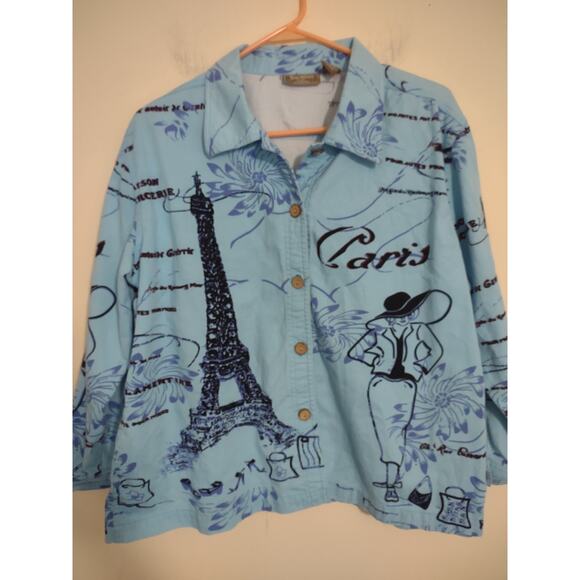 Vintage Jane Ashley Woman Jacket Size 1X Blue Paris Print Lightweight Artsy - Picture 4 of 6